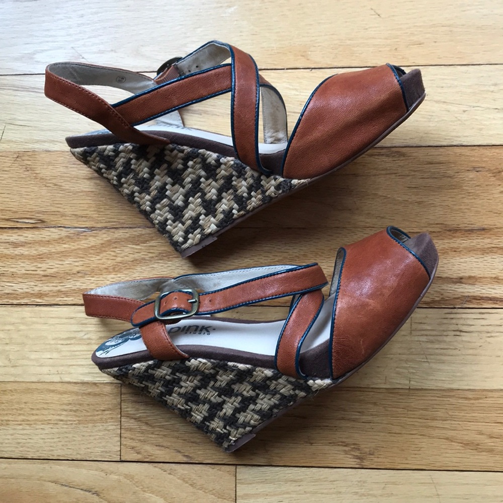 Anthropologie Pink Studio Brown Wedge Espadrilles